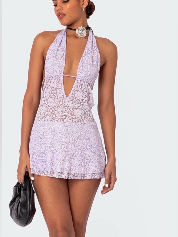 Lilac Lace Halter Mini Dress -Edikted Danny Open Back Sheer Lace Mini Dress